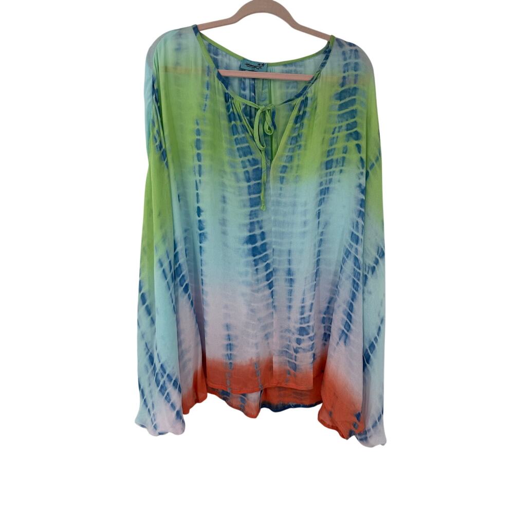 Letarte Womens Bat Wing Coverup Top Hand Made 100% Silk Size L Tie Dye Hippie